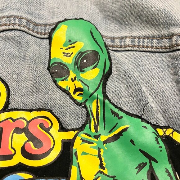 Jeaniologie Altered Jean Denim Jacket Dont Talk to Strangers Patch Sz Large - Picture 11 of 16